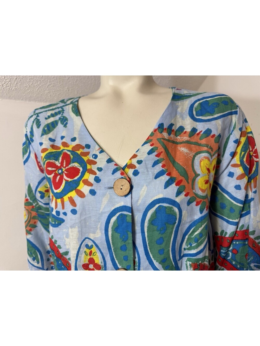 Hester Orchard Womens Large Blue Floral Button Top Linen Blend Blouse 3/4 Sleeve - Picture 2 of 9